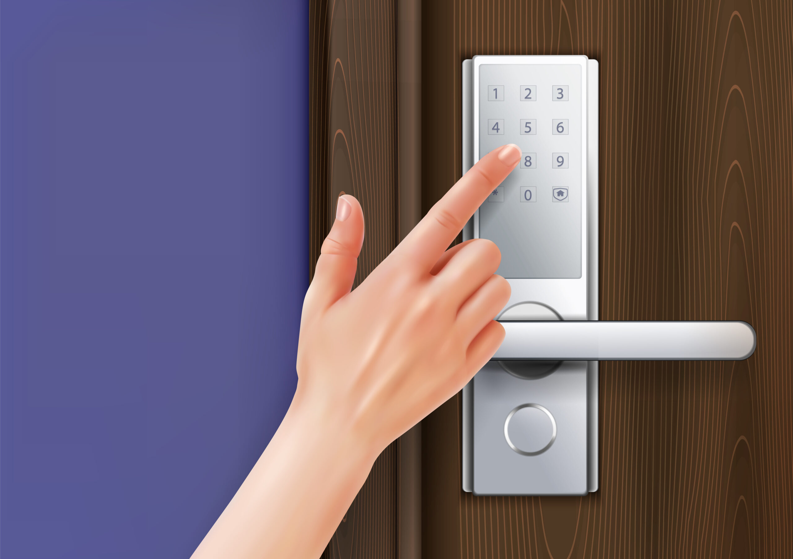 A digital home lock with a hand unlocking it with a passcode