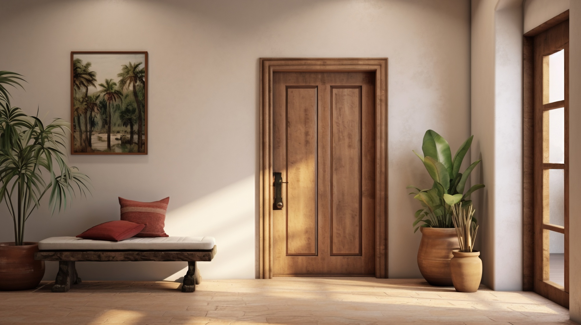 A landscape view of a door in a cozy well lit room with a houseplant on the side