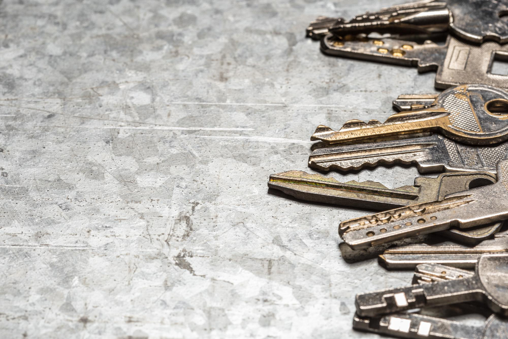 A set of house keys arranged on a tabletop to bottom on the right side