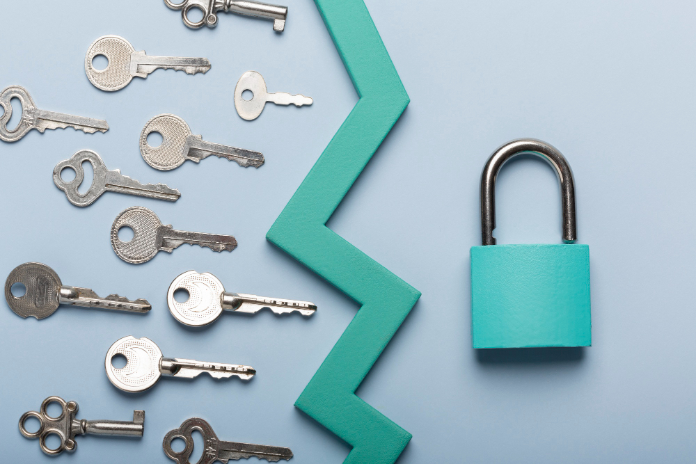 A set of different keys arranged in circles around a green lock
