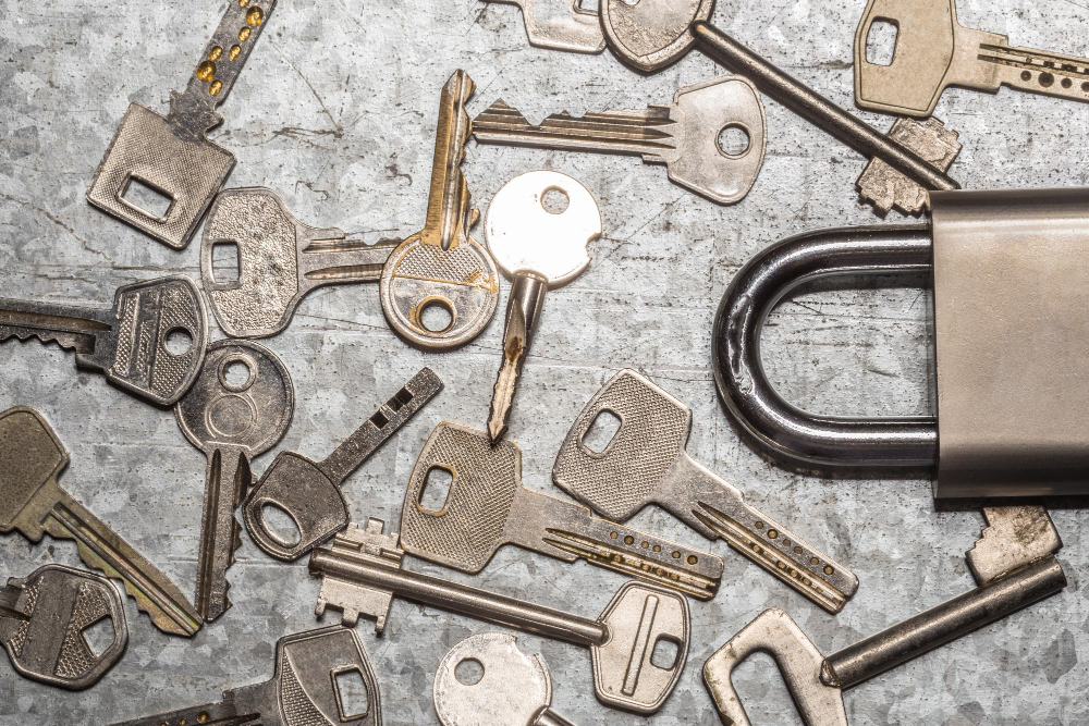 A set of Antique Keys arranged around a lock