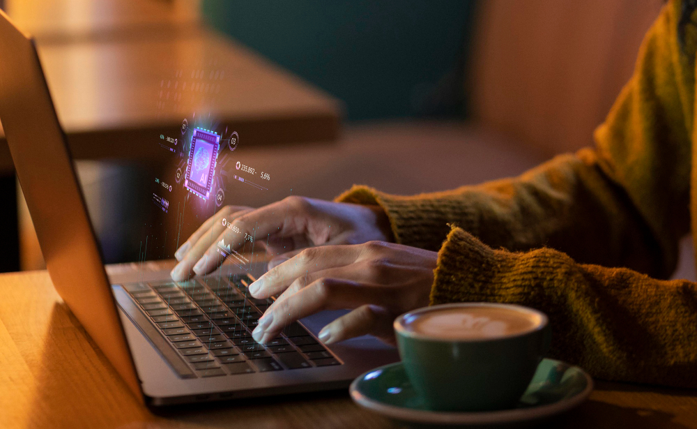 A pair of hands working on a laptop that shows a graphic depicting a control station on a chip